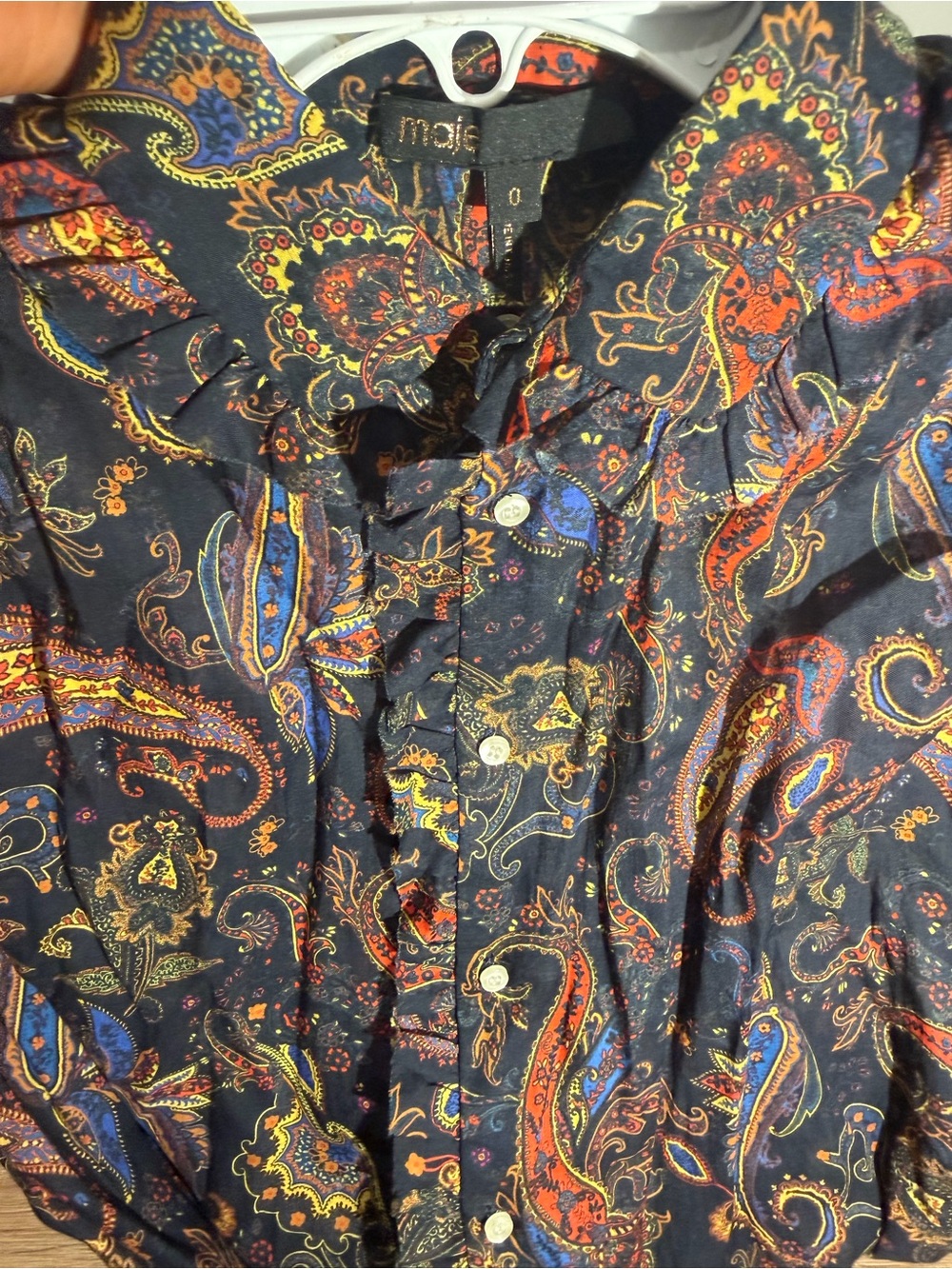 Maje Paisley-print Ruffled Cotton Shirt In Navy- Size 0 - Picture 11 of 14